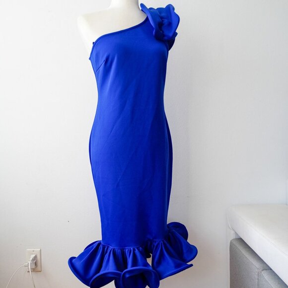 CQ by CQ Royal Blue Structured One shoulder Ruffled Midi Dress | Size S - Picture 1 of 9